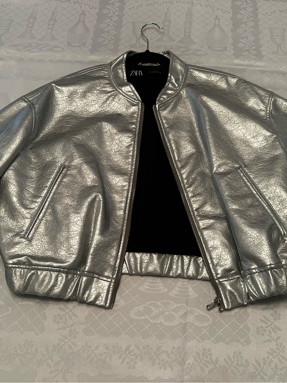 ZARA SILVER Effect Metallic Glossy Faux Leather Zip Boxy Cropped Bomber Jacket - Picture 5 of 7